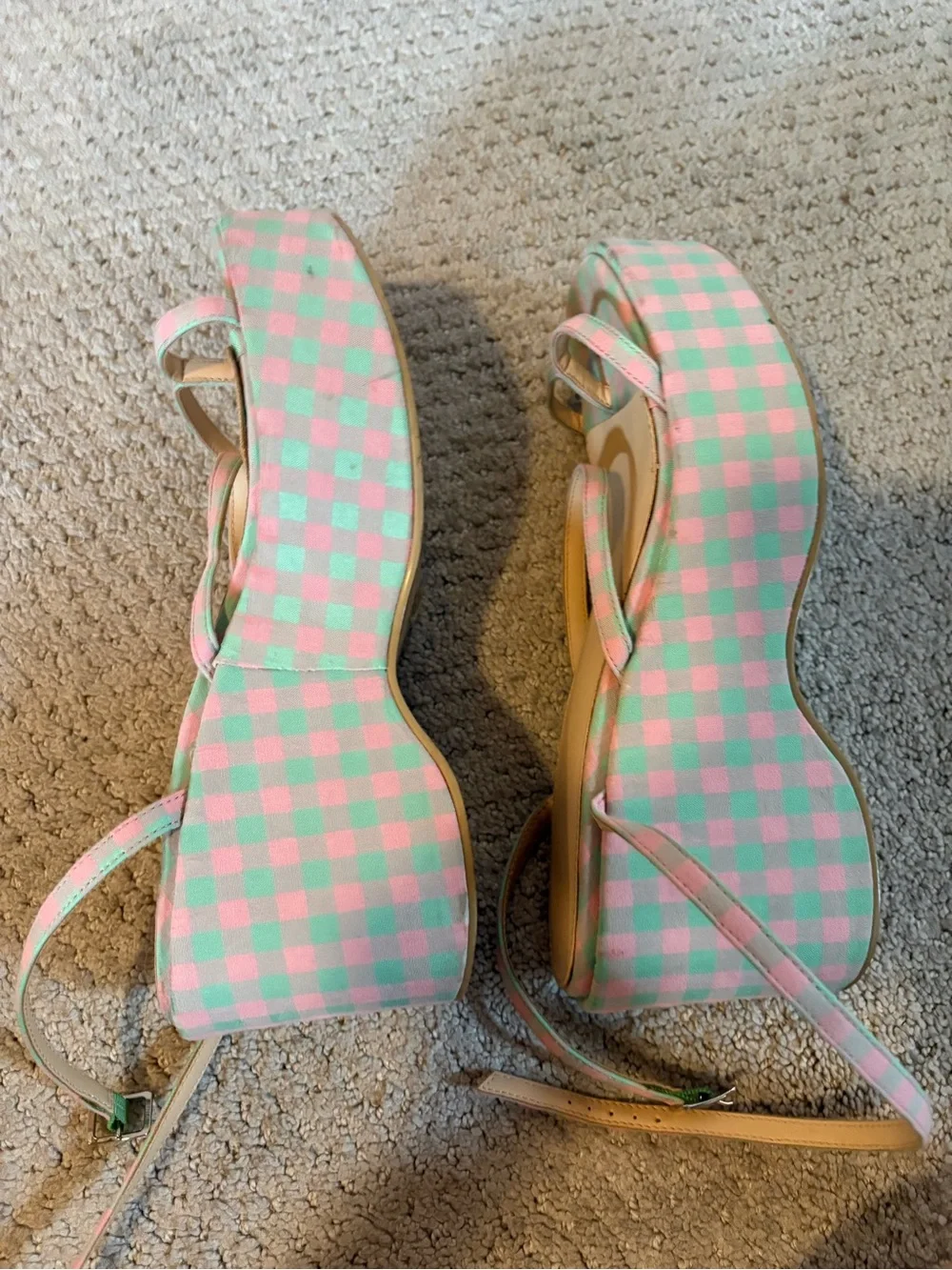 Urban Outfitters Pink & Green Check Platform Sandals
